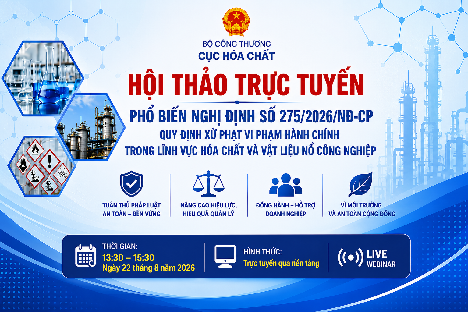 Hội thảo trực tuyến phổ biến Nghị định số 275/2026/NĐ-CP của Chính phủ quy định xử phạt vi phạm hành chính trong lĩnh vực hóa chất và vật liệu nổ công nghiệp