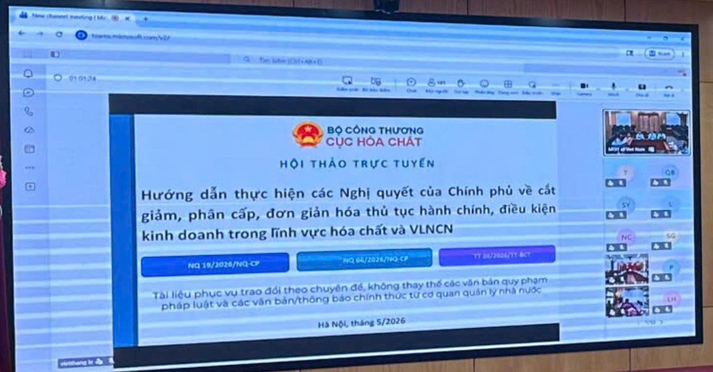 HỘI THẢO TRỰC TUYẾN HƯỚNG DẪN THỰC HIỆN CÁC NGHỊ QUYẾT CỦA CHÍNH PHỦ VỀ CẮT GIẢM, PHÂN CẤP, ĐƠN GIẢN HÓA THỦ TỤC HÀNH CHÍNH, ĐIỀU KIỆN KINH DOANH TRONG LĨNH VỰC HÓA CHẤT VÀ VẬT LIỆU NỔ CÔNG NGHIỆP